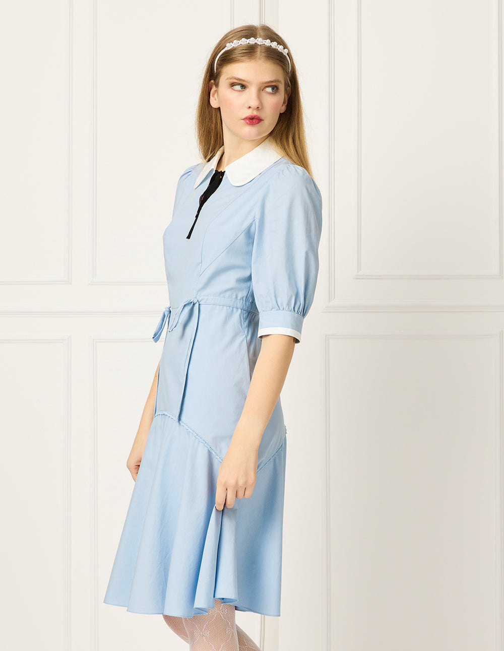 BORA AKSU Lapel-Collar Puff Short-Sleeve Lyocell Pleated Midi Dress