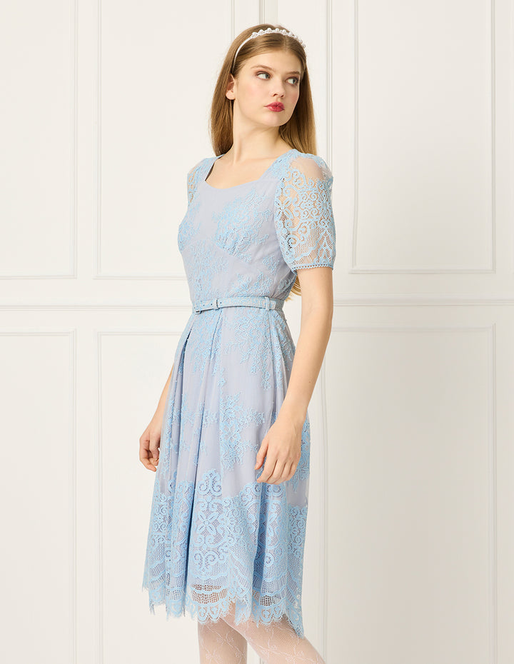 BORA AKSU Diamond-Collar Puff Short-Sleeve Lace-Floral Print Pleated Midi Dress