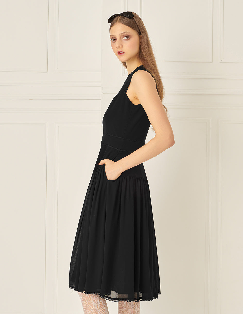 BORA AKSU Mesh Patchwork Lace Embellished Little Black Dress