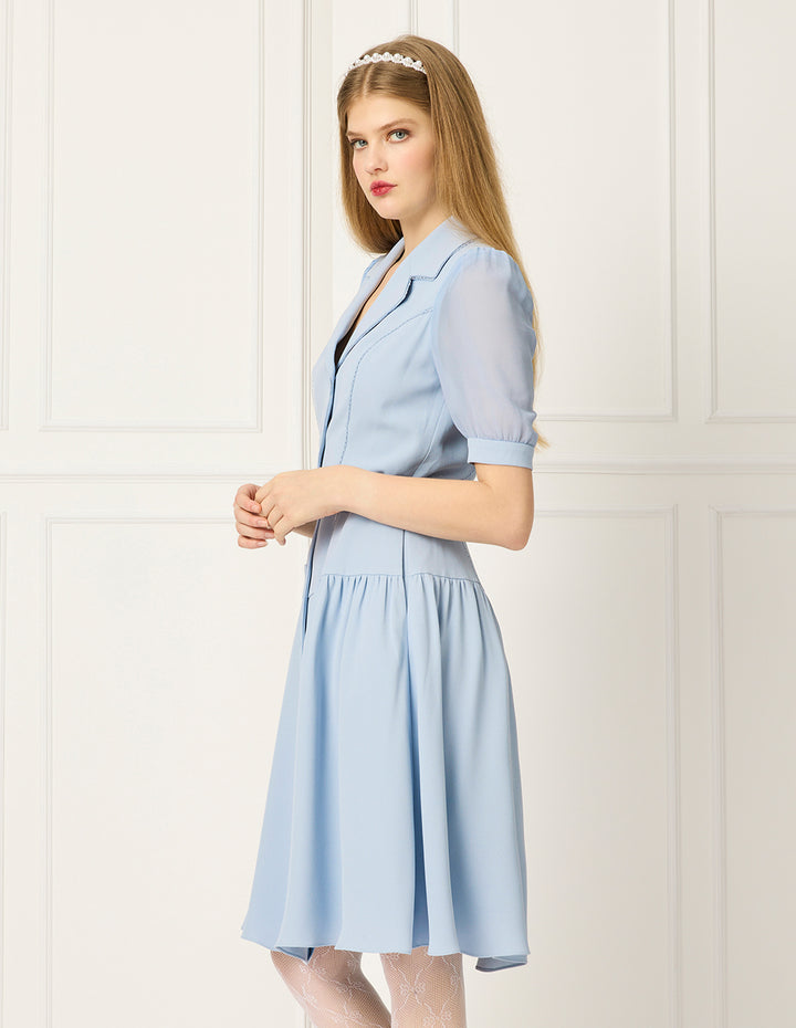 BORA AKSU Peaked Lapel Puff Short-Sleeve Single-Breasted Belted Pleated Midi Dress