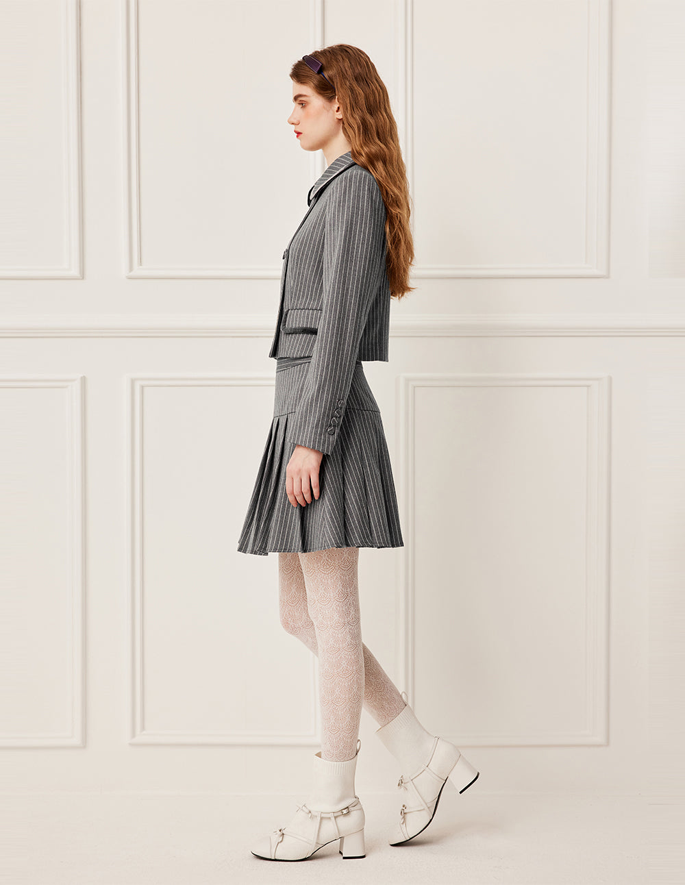 BORA AKSU A-Line High Waist Velvet Pleated Stripe Mini Skirt