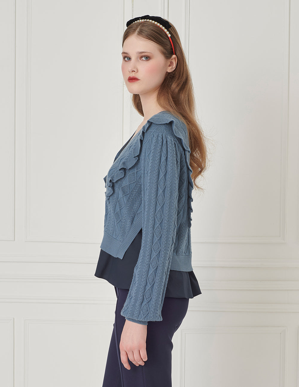 BORA AKSU Mock Two-Piece V-Neck Ruffle Knit Cardigan
