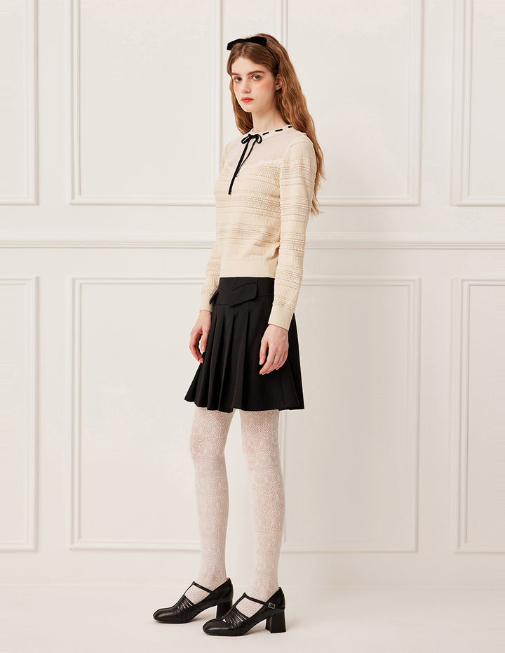 BORA AKSU Round Neck Sheer Lace Patchwork Long Sleeve Knit Pullover