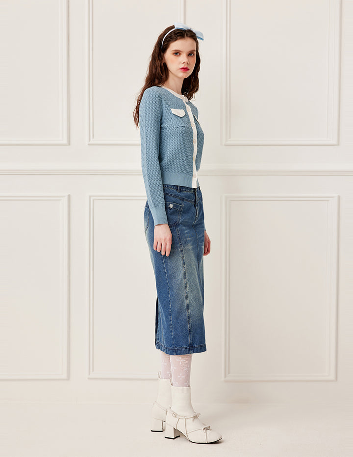 BORA AKSU Straight Leg Light Wash Knee-Length Denim Skirt