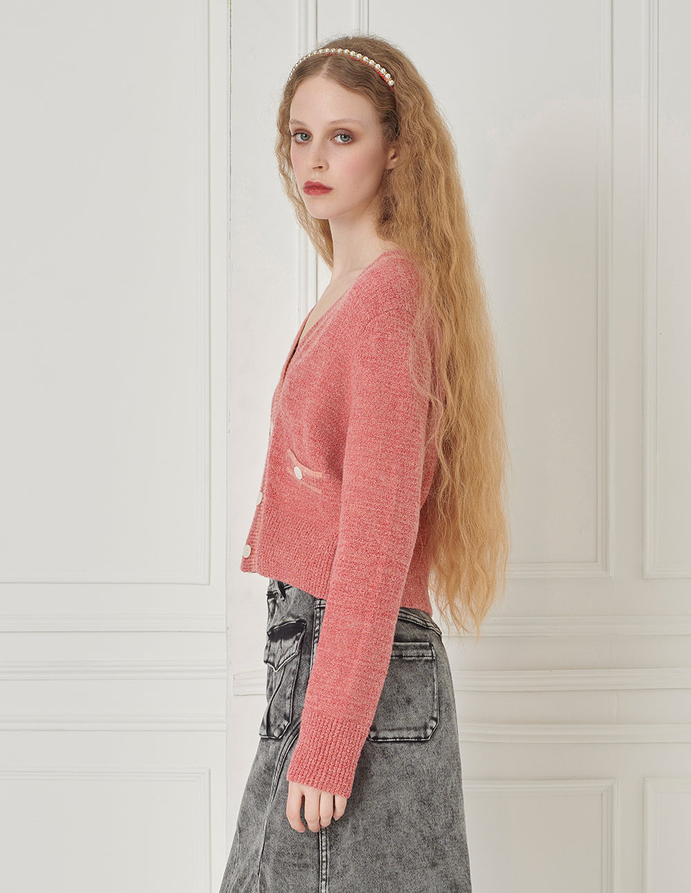 BORA AKSU Two-Color Mixed Knitted Small Fragrance V-Neck Knitted Cardigan