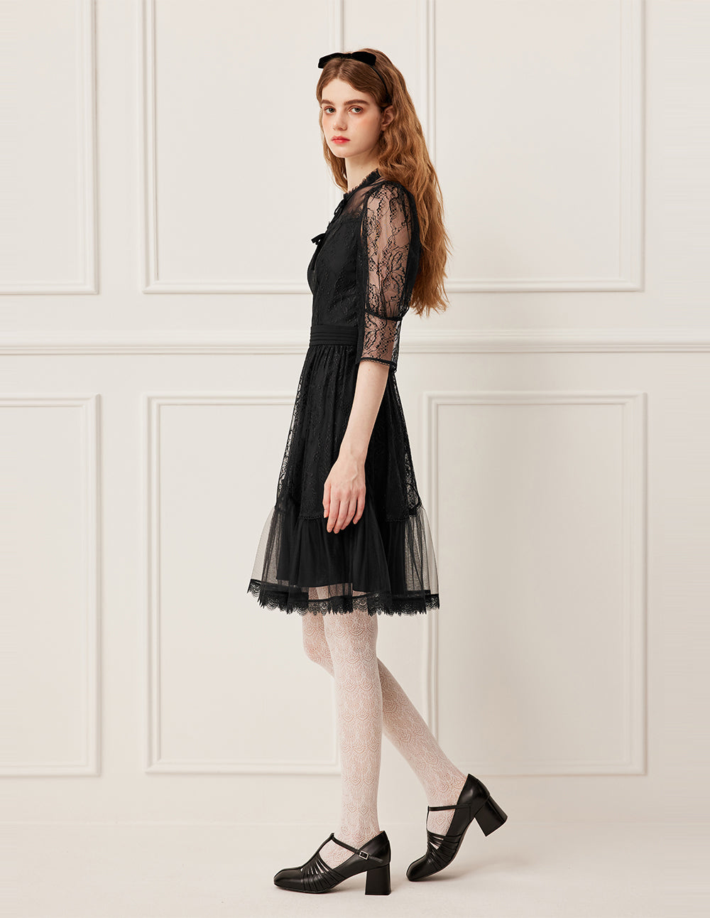 BORA AKSU Ruffled Round Neck Sheer Lace Long Sleeve Midi Dress
