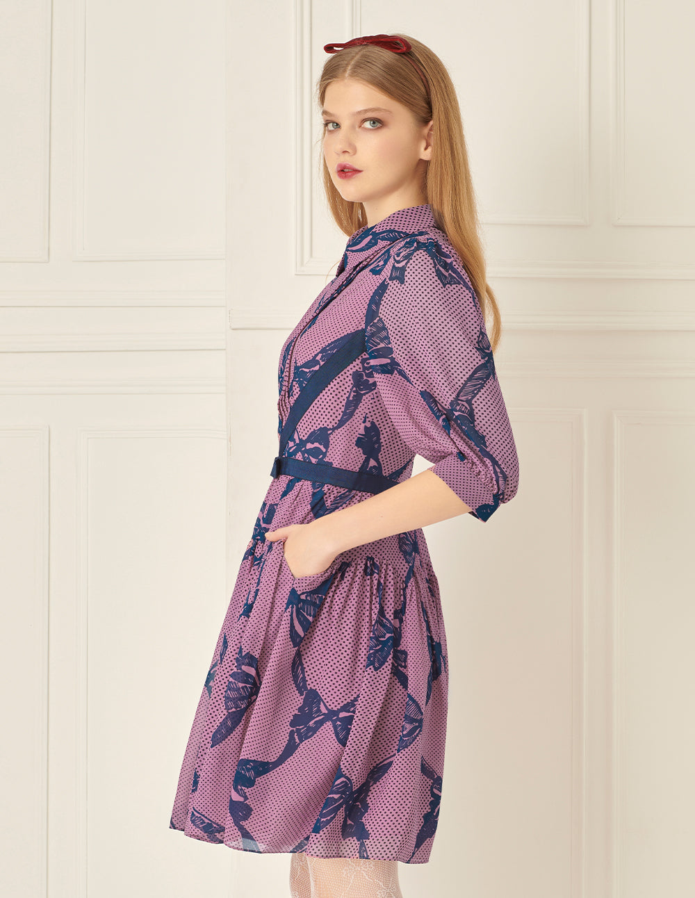 BORA AKSU Puff Sleeve Shirt Collar Bow Print Dress