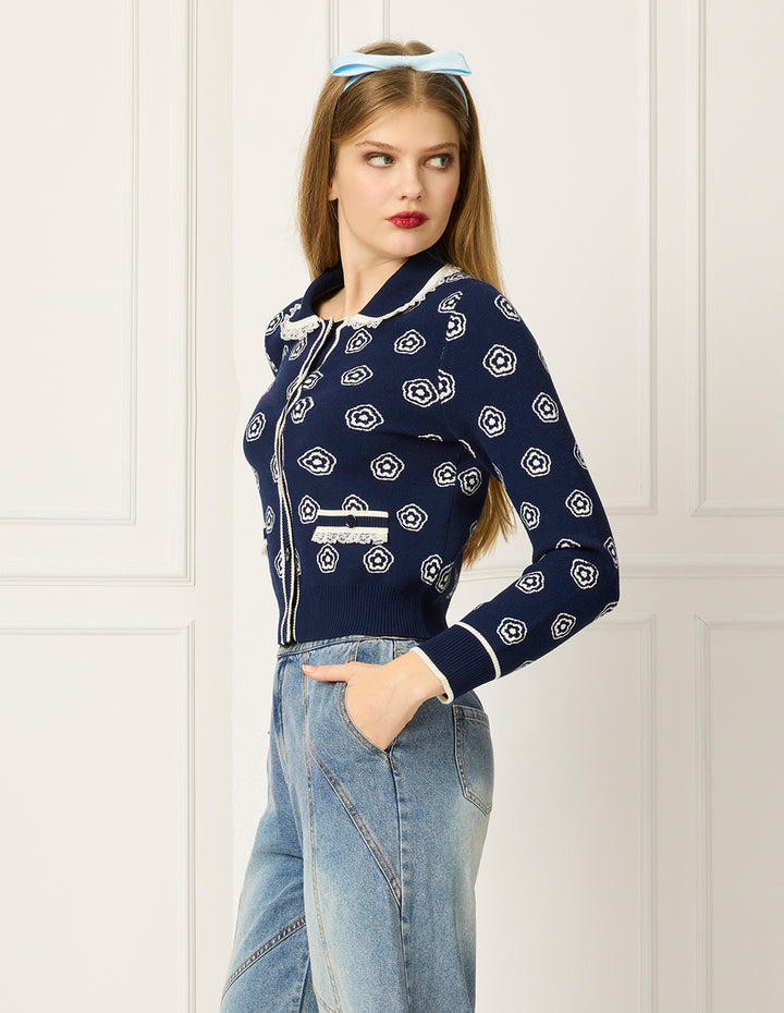 BORA AKSU Lace-Trimmed Lapel Long-Sleeve Floral Jacquard Knit Cardigan