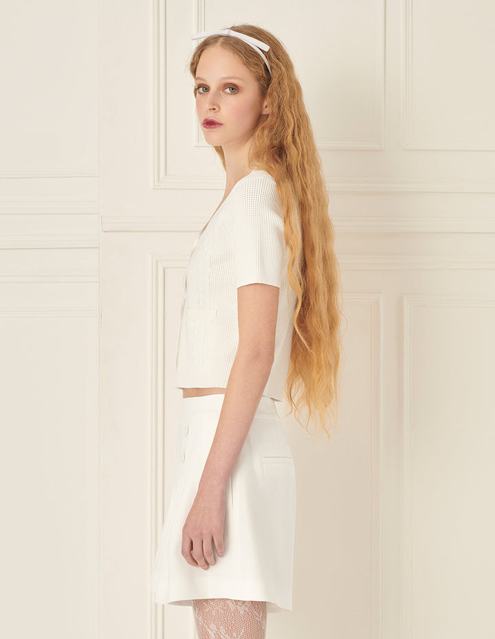 BORA AKSU V-Neck Lace Short-Sleeved Knitted Cardigan