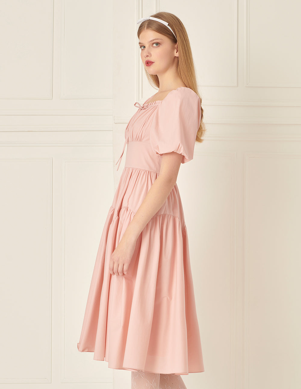 BORA AKSU Diamond Collar Pleated Short Sleeves Dress