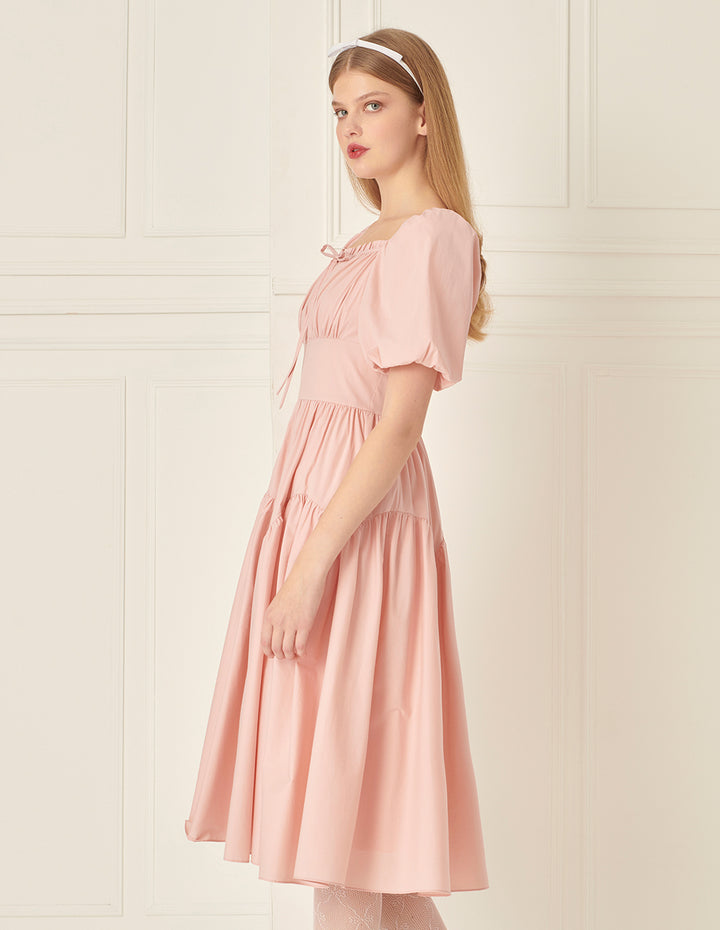 BORA AKSU Diamond Collar Pleated Short Sleeves Dress