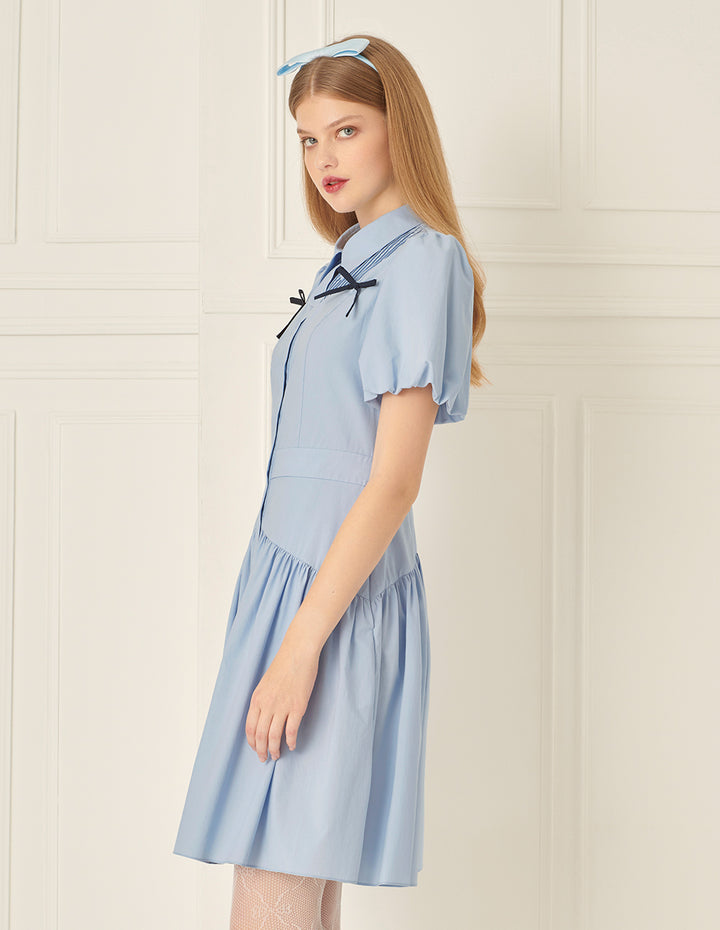 BORA AKSU Puff Sleeve Lapel Bow Pleated Dress