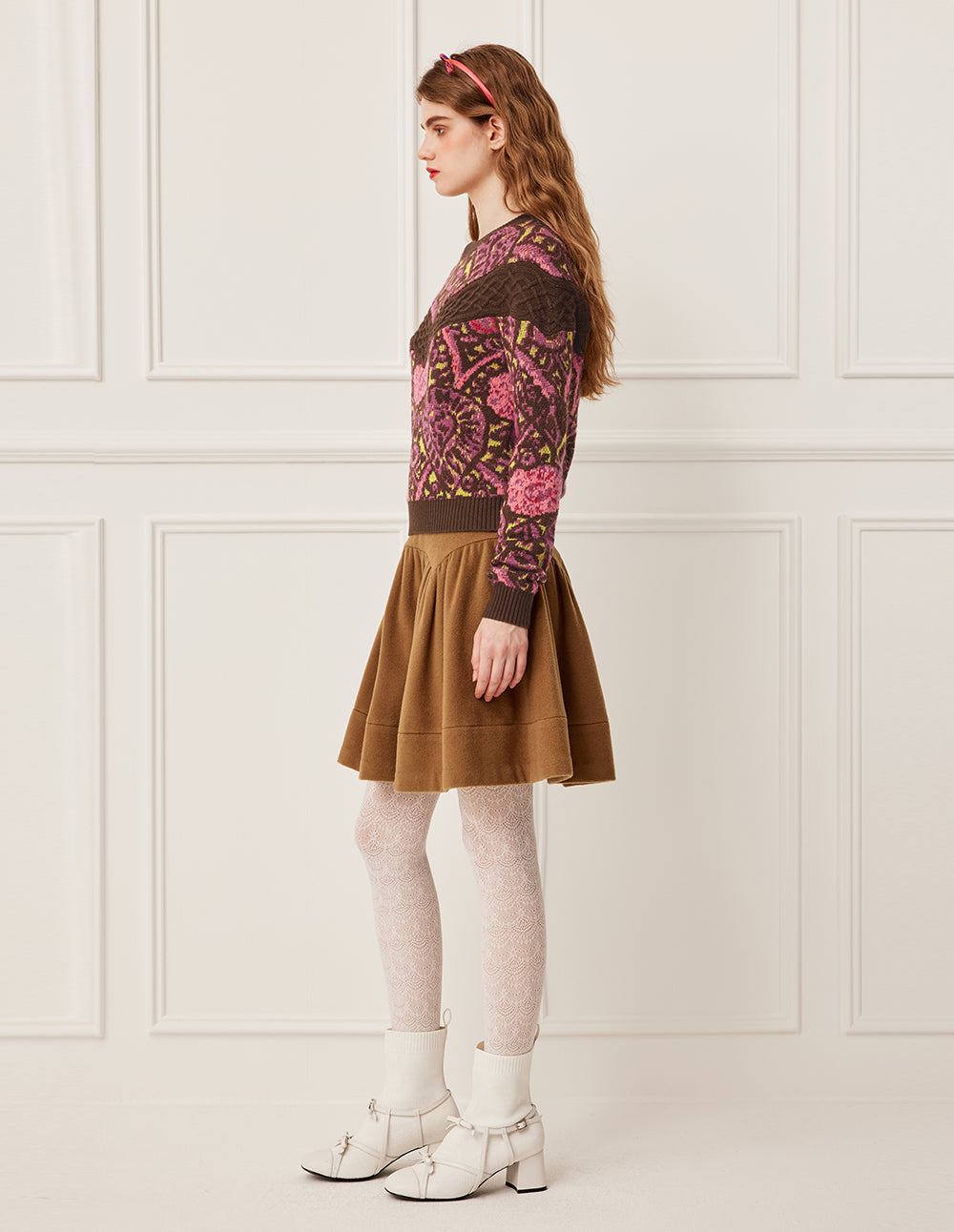 BORA AKSU Vintage High-Waisted Pleated A-Line Wool Midi Skirt