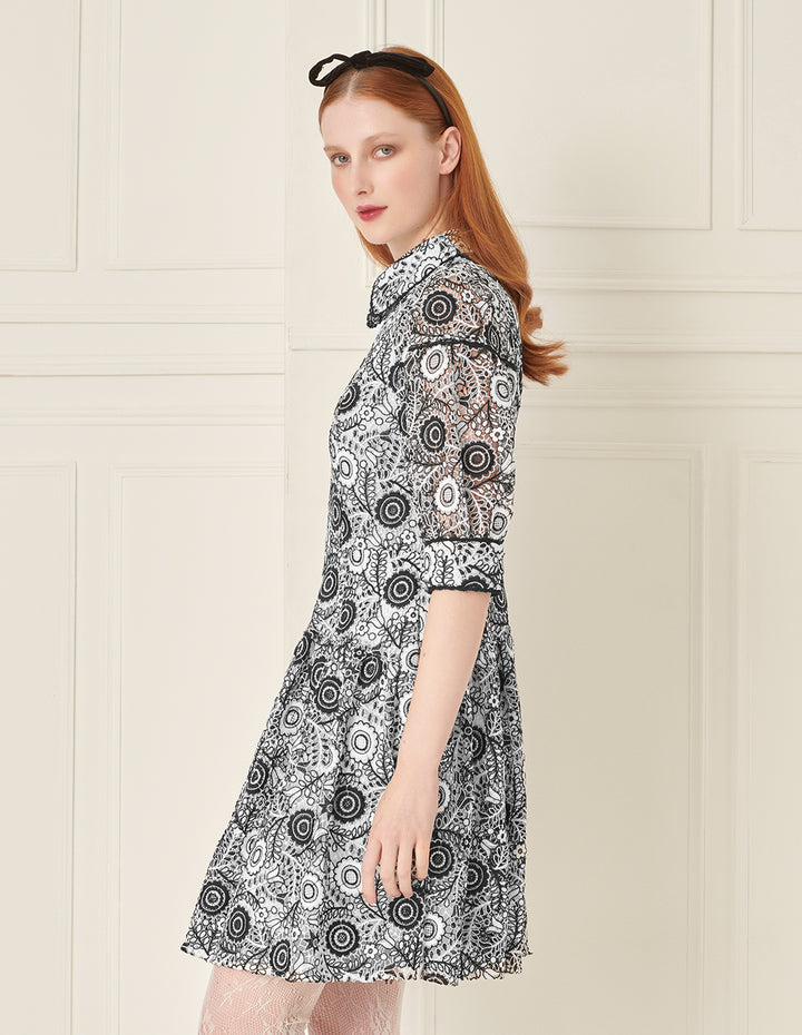 BORA AKSU Retro Puff Sleeve Black And White Lace Dress