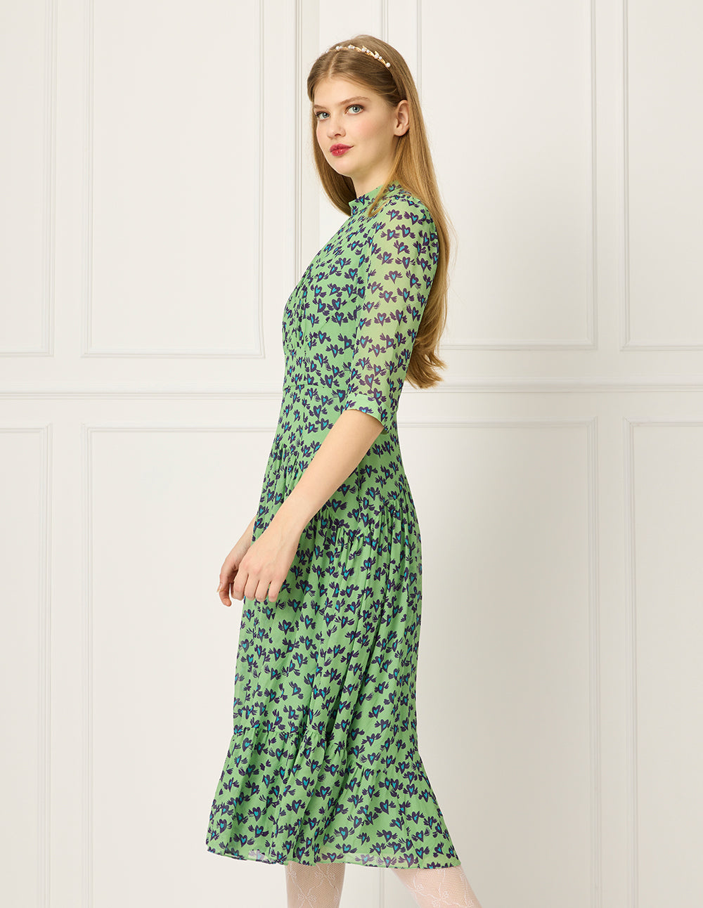 BORA AKSU Stand Collar Puff Short-Sleeve Heart Print Empire-Waist Pleated Midi Dress