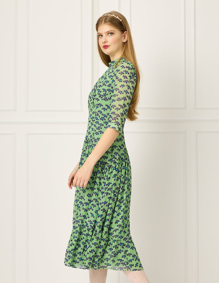 BORA AKSU Stand Collar Puff Short-Sleeve Heart Print Empire-Waist Pleated Midi Dress