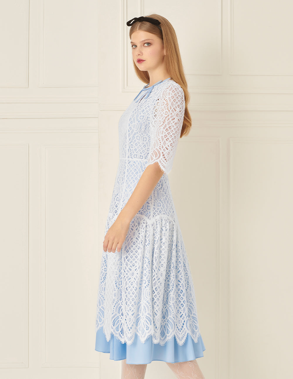 BORA AKSU Romantic Blue And White Lace Court Style Dress