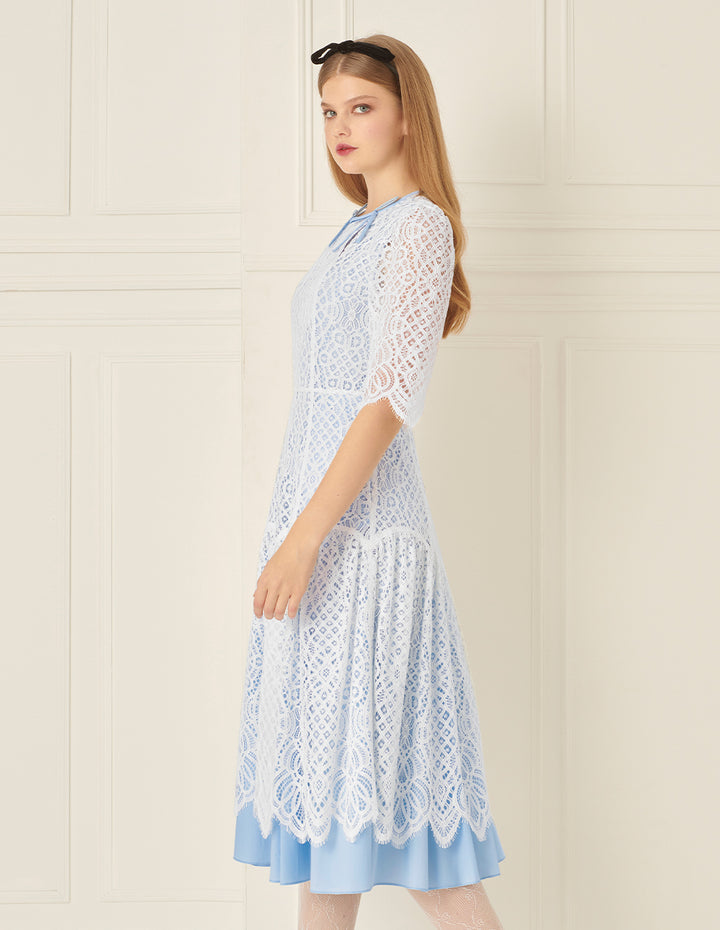 BORA AKSU Romantic Blue And White Lace Court Style Dress