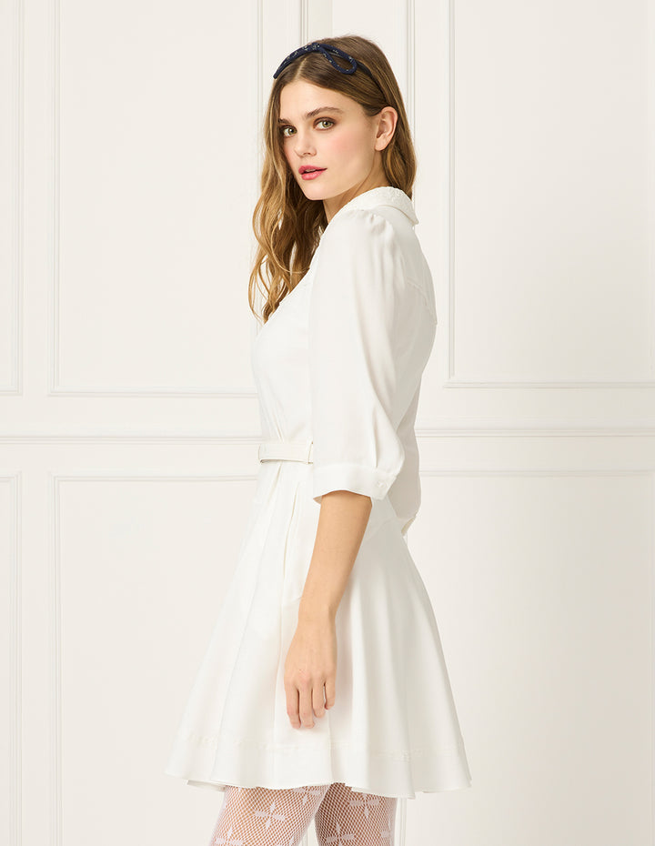 BORA AKSU Peter Pan Collar Puff Sleeve Waist-Tie Pleated Midi White Dress