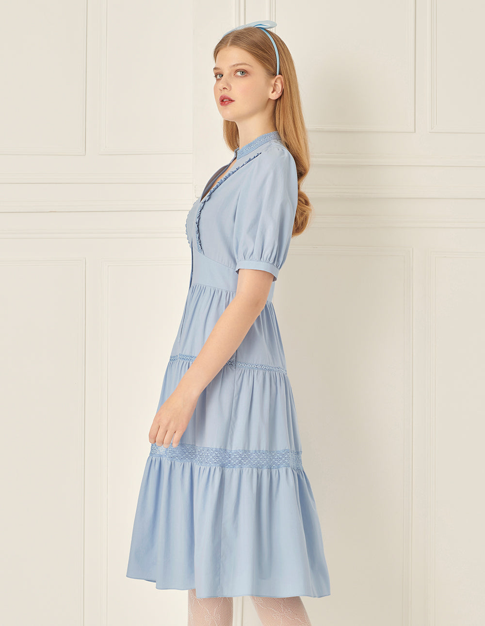 BORA AKSU Puff Sleeve Tiered Pleated Dress