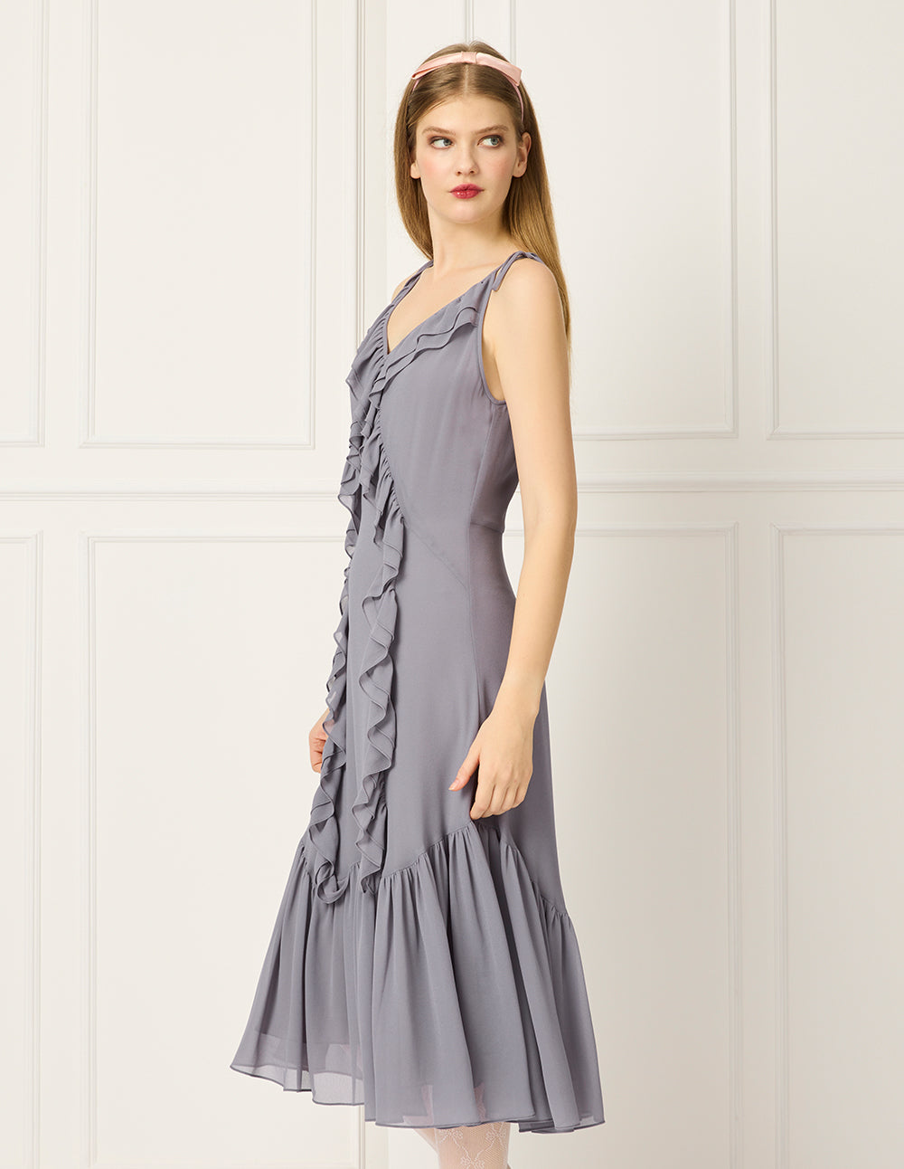 BORA AKSU V-Neck Sleeveless Ruffled-Trim Strapless Flounce-Hem Midi Dress