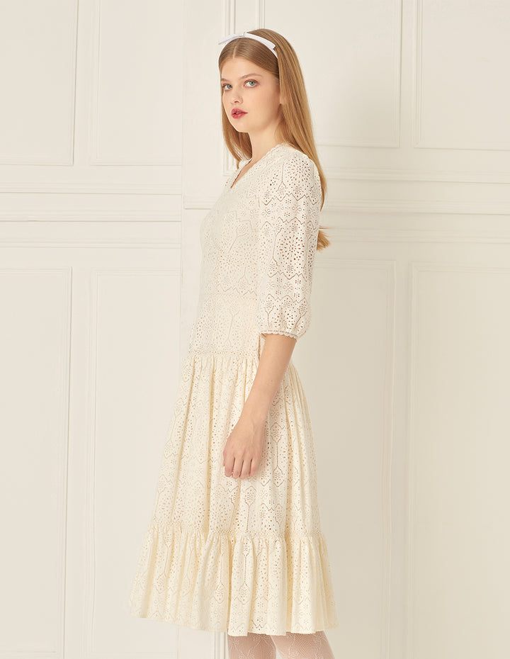 BORA AKSU Puff Sleeve V-Neck Lace Dress