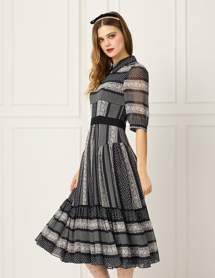 BORA AKSU Peter Pan Collar Puff Sleeve Short-Sleeve Lace Floral Print Pleated Dress