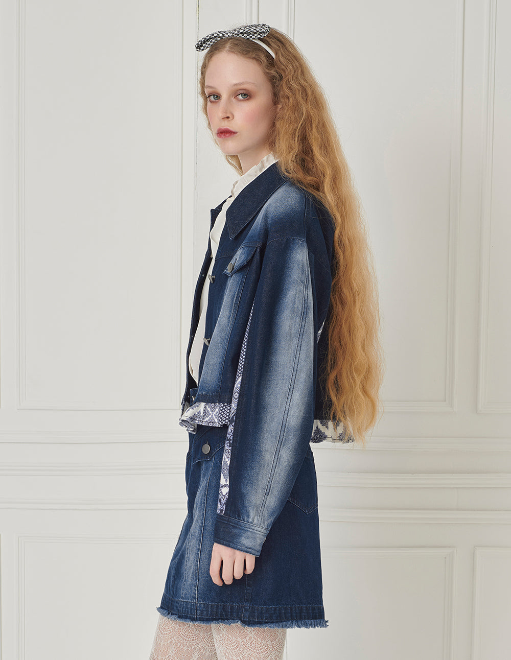 BORA AKSU Printed Patchwork Distressed Denim Washed Jacket