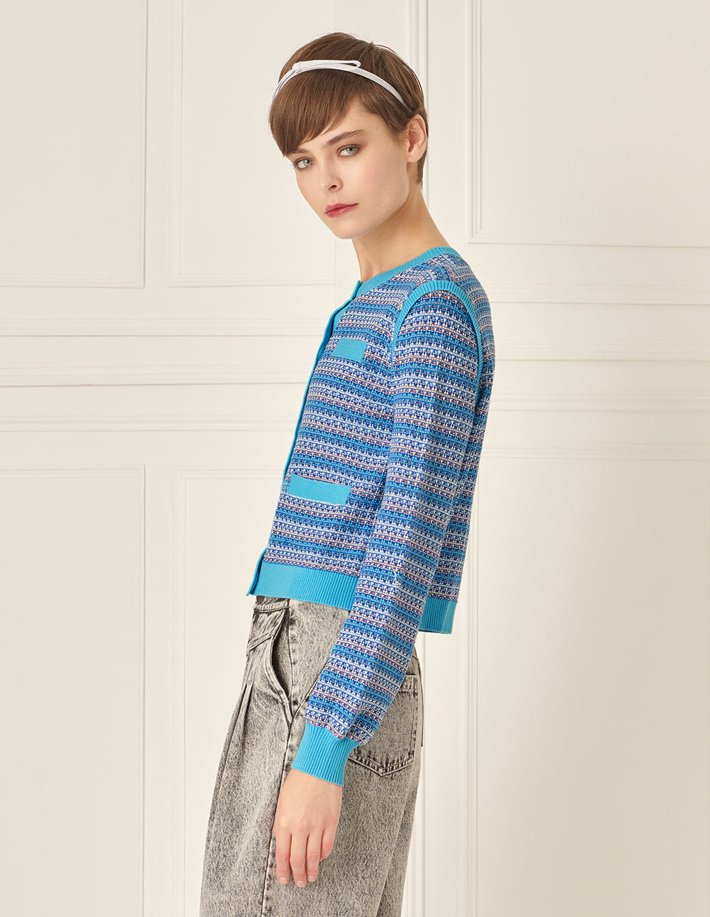 BORA AKSU Linear Mixed Jacquard Contrasting Crew Neck Knitted Cardigan