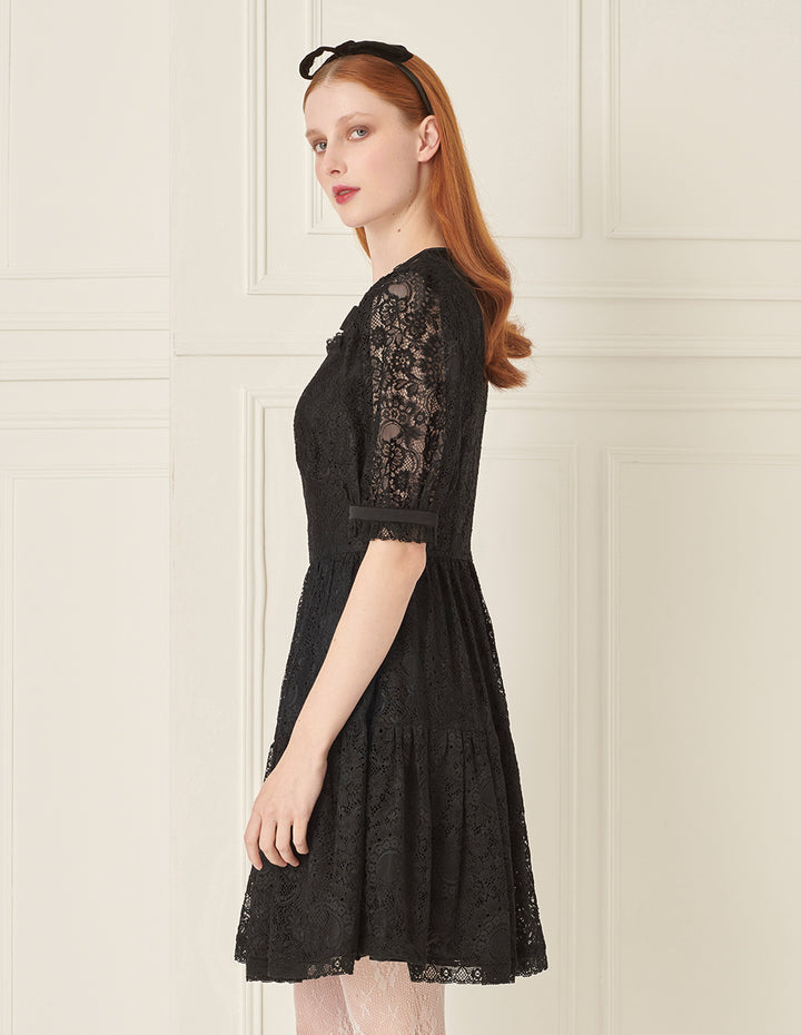 BORA AKSU Bow Tie Round Neck Puff Sleeve Lace Little Black Dress