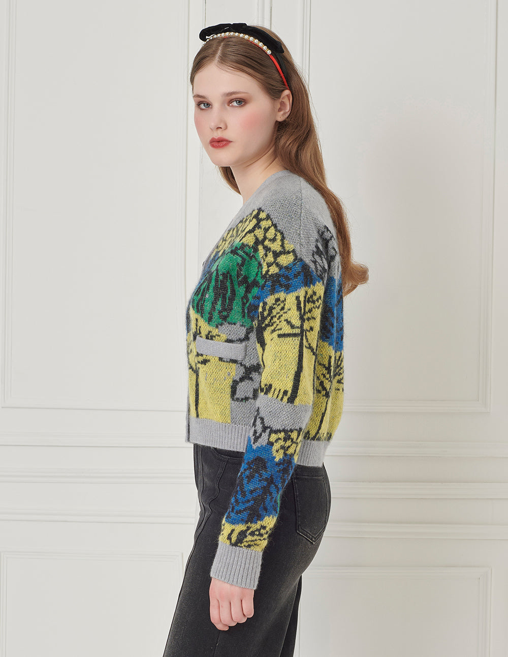 BORA AKSU V-Neck Loose Drop-Shoulder Long-Sleeve Printed Mohair Cropped Cardigan