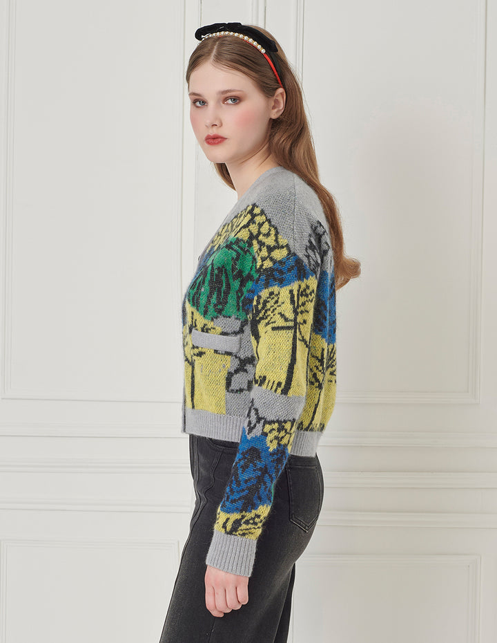 BORA AKSU V-Neck Loose Drop-Shoulder Long-Sleeve Printed Mohair Cropped Cardigan