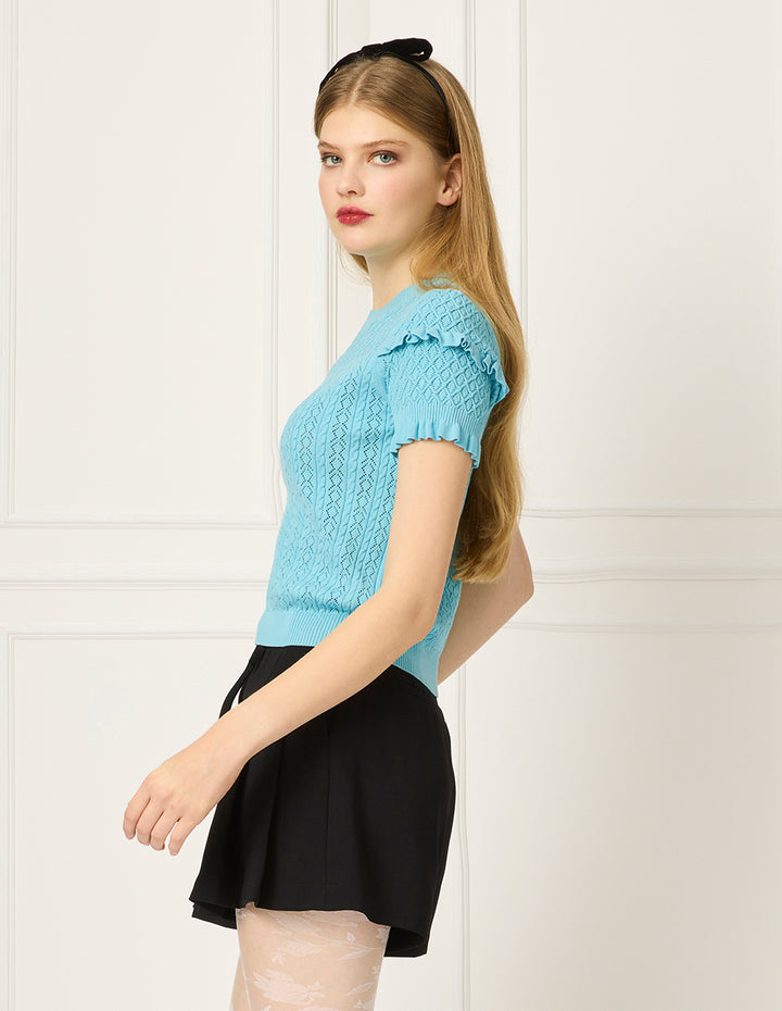 BORA AKSU Round Neck Short-Sleeve Ruffle Trimmed Knit Pullover