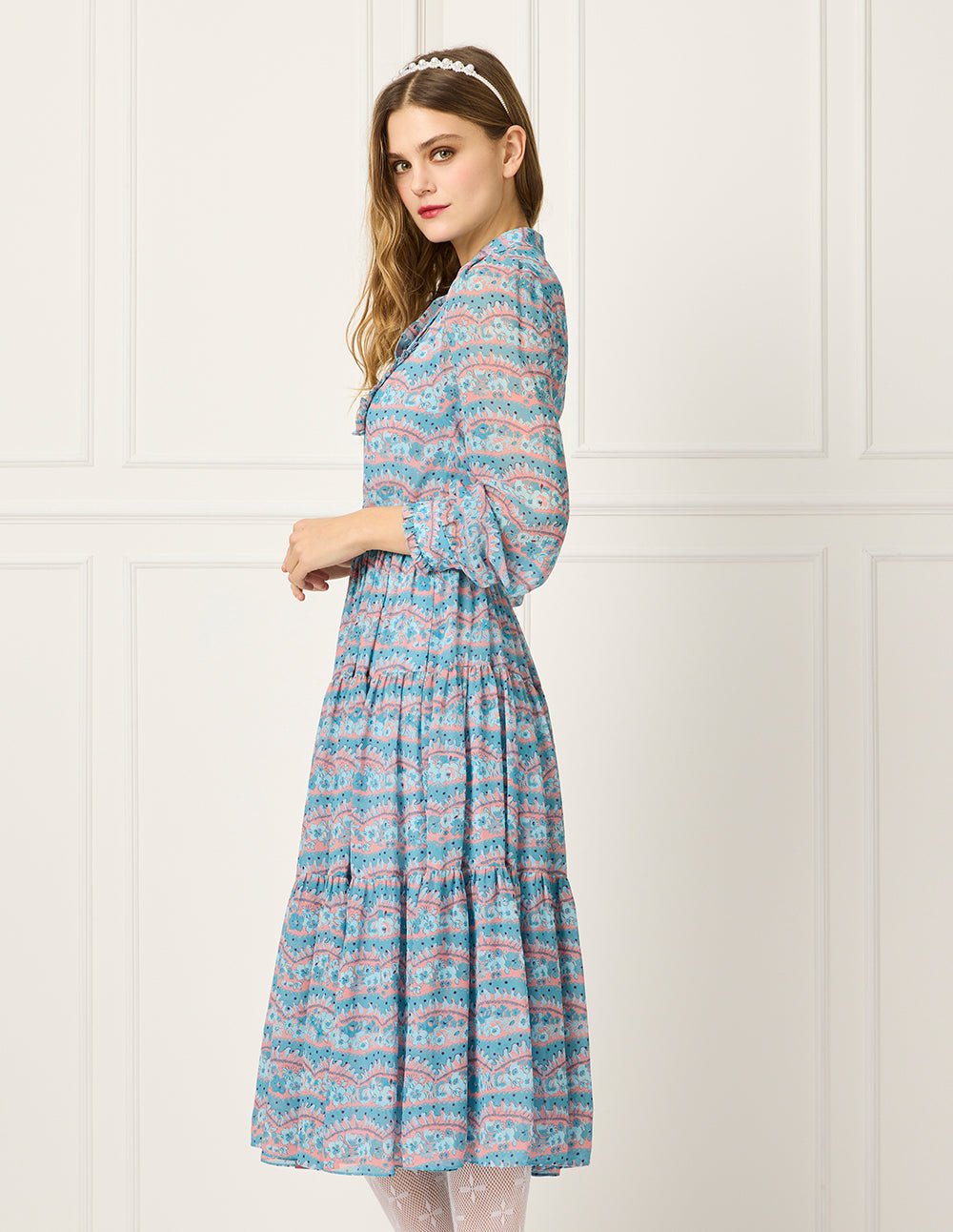 BORA AKSU Butterfly-Knot Collar Bubble Sleeve Floral Print Midi Dress
