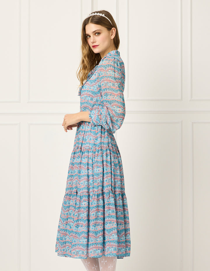 BORA AKSU Butterfly-Knot Collar Bubble Sleeve Floral Print Midi Dress