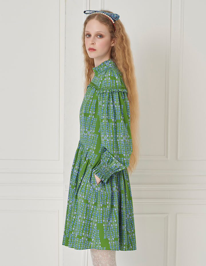 BORA AKSU Retro Ruffle Stand-Collar Long-Sleeve Printed Pleated Midi Dress