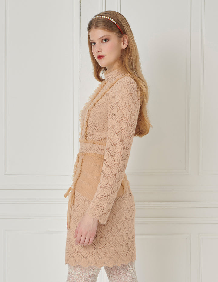 BORA AKSU Ruffle Long-Sleeve Velvet Lace Stitching Smocked Mesh Midi Dress