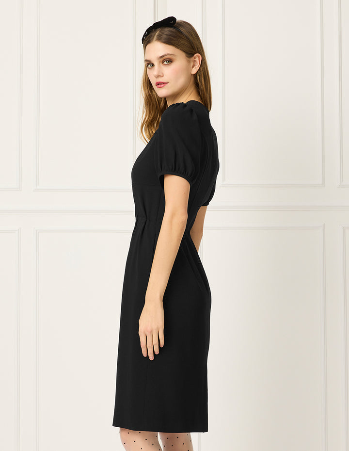 BORA AKSU Round-Neck Puff Short-Sleeve Pin-Tuck Lace-Trimmed Empire-Waist Pleated Midi Dress