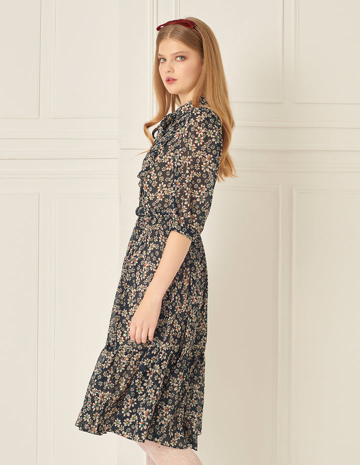 BORA AKSU Puff-Sleeved Bow-Neck Pleated Floral Dress