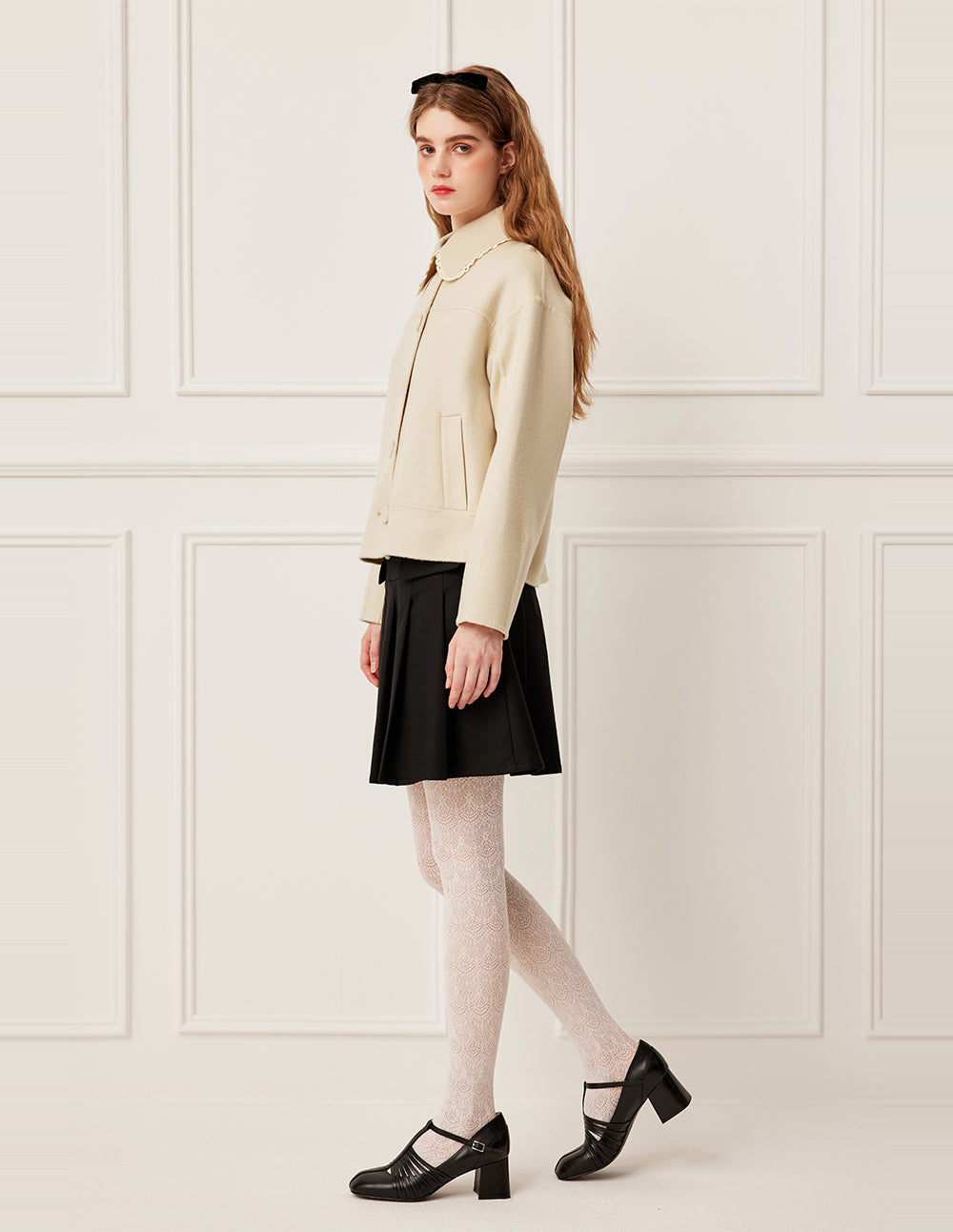 BORA AKSU Ruffle Lapel Long Sleeve Wool Knit Coat