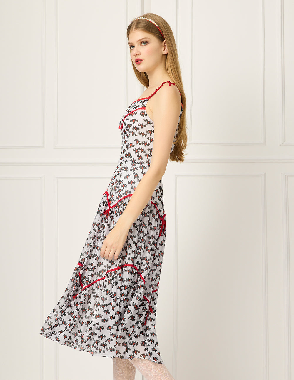 BORA AKSU Lace Trim Heart Print A-line Midi Slip Dress