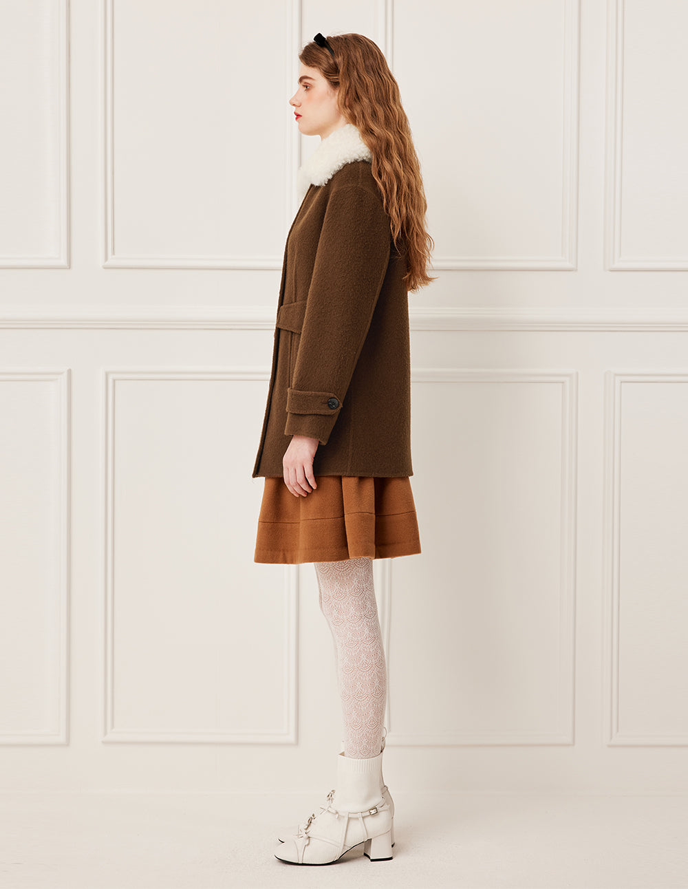 BORA AKSU Faux Fur Collar Double-Breasted Mocha Brown Wool Coat