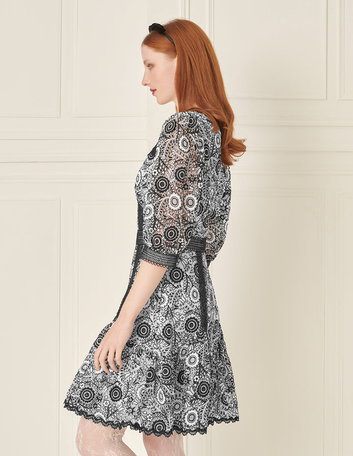 BORA AKSU Retro Puff Sleeve Diamond Collar Black And White Lace Dress