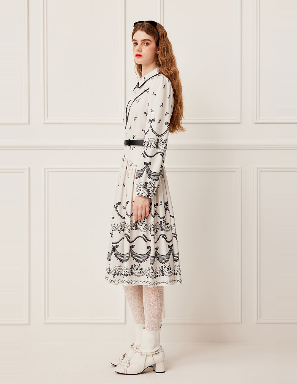 BORA AKSU Pin-Tuck Floral Print A-Line Ruffle-Trimmed Midi Shirt Dress