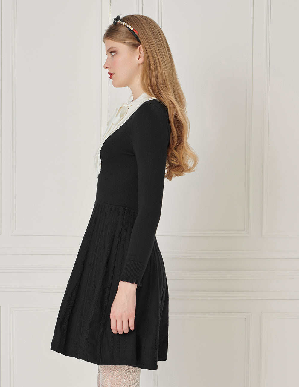 BORA AKSU Butterfly Knot Collar Black Long-Sleeve Knitted Dress