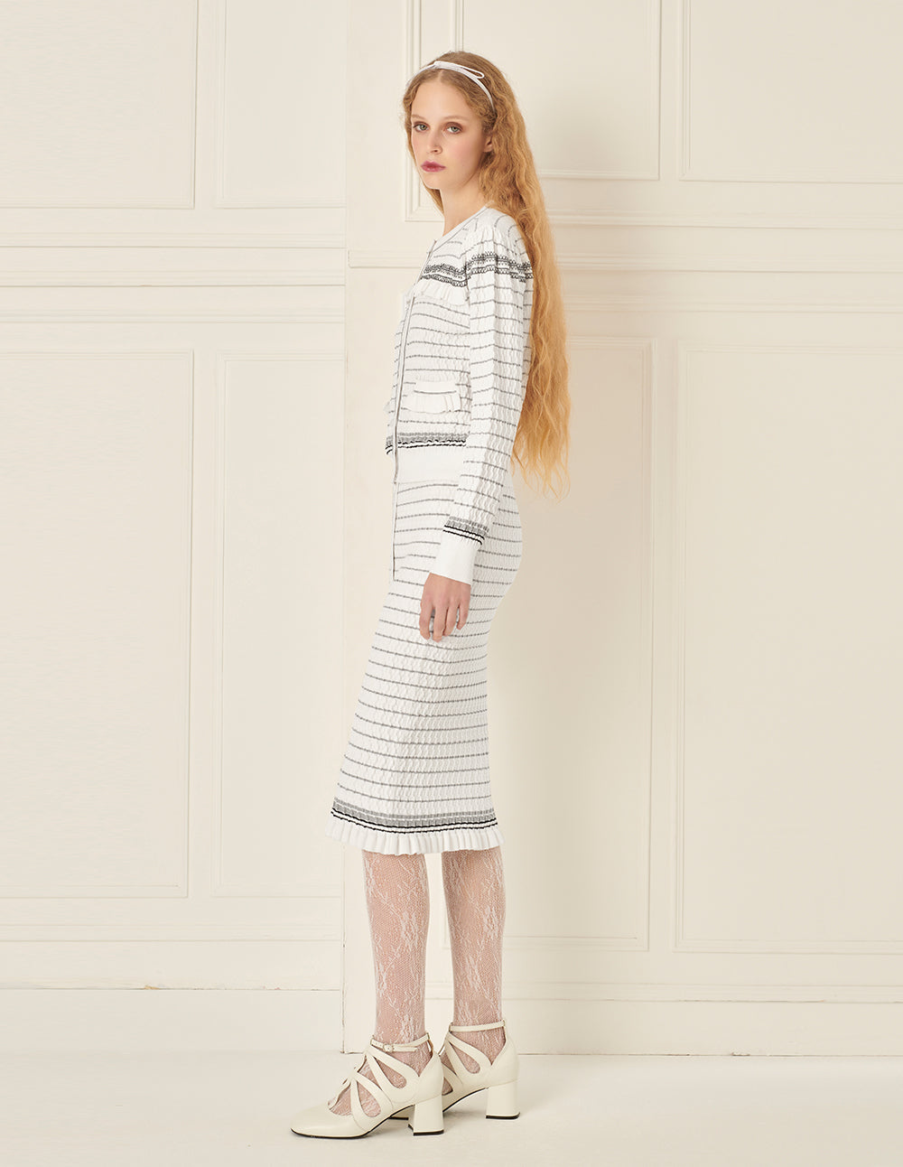 BORA AKSU Off-White Striped Mid-Length Straight Knitted Skirt