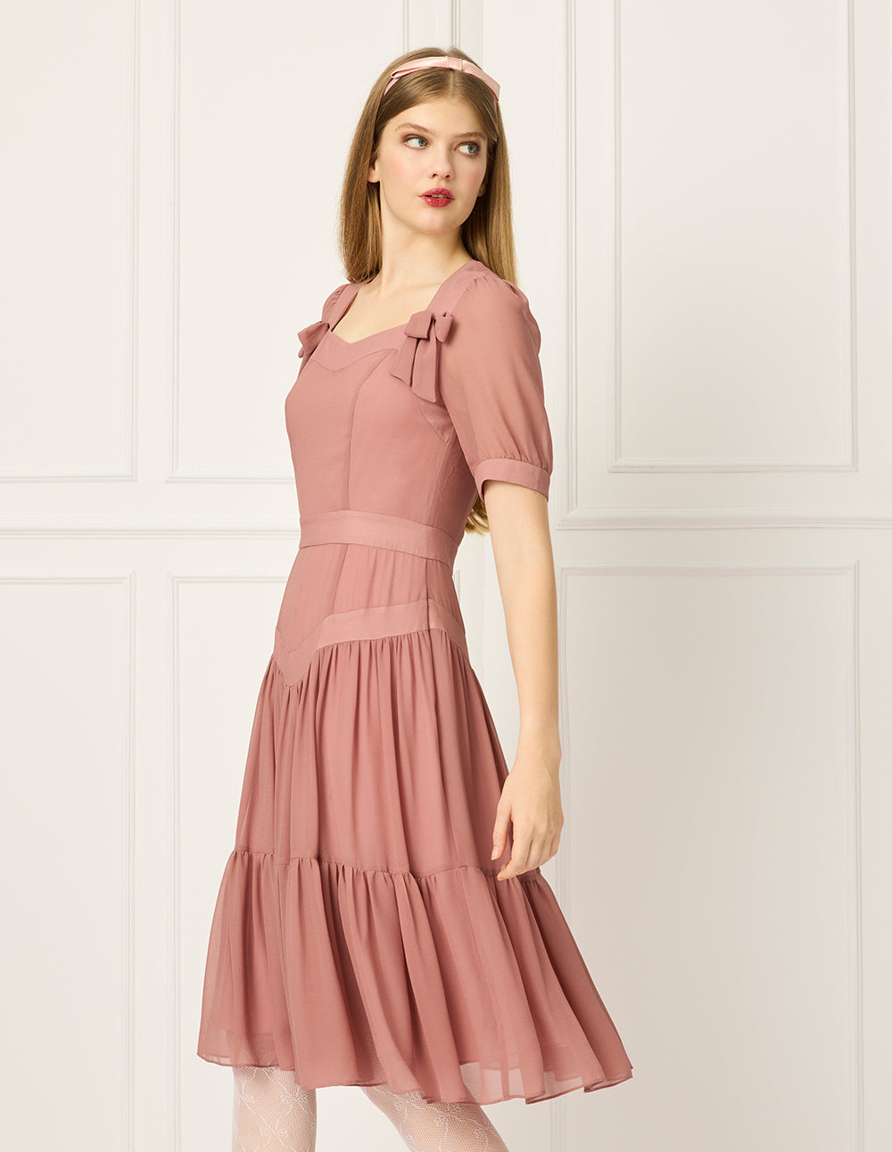 BORA AKSU Diamond Collar Bubble Short Sleeve Bowknot Flounce Midi Dress