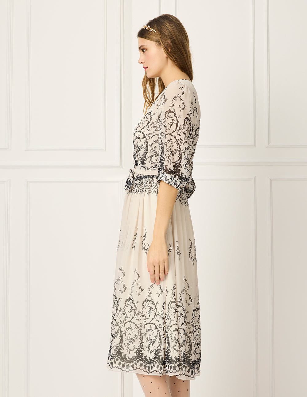 BORA AKSU V-Neck Puff Sleeve Short Sleeve Curly Grass Print Wrap Midi Dress