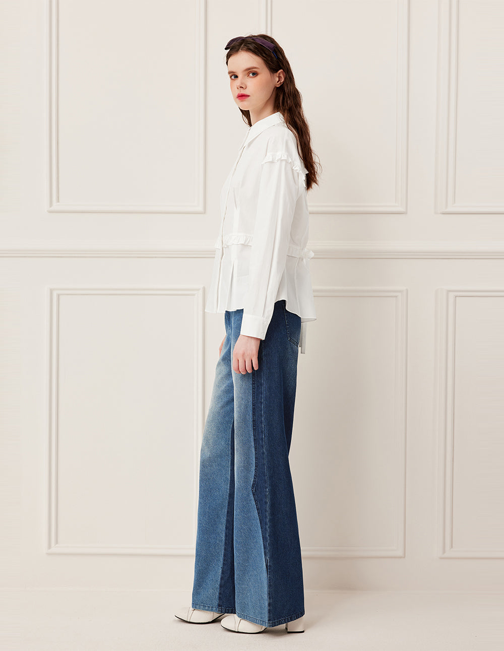 BORA AKSU Adjustable Ruffle-Trim White Cotton Long-Sleeve Blouse