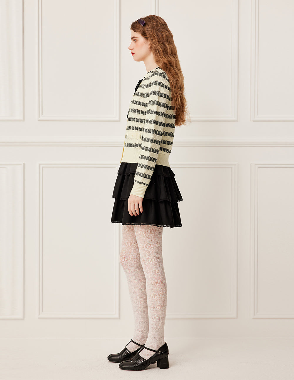 BORA AKSU Round Neck Tie Black & White Check Jacquard Full Wool Cardigan